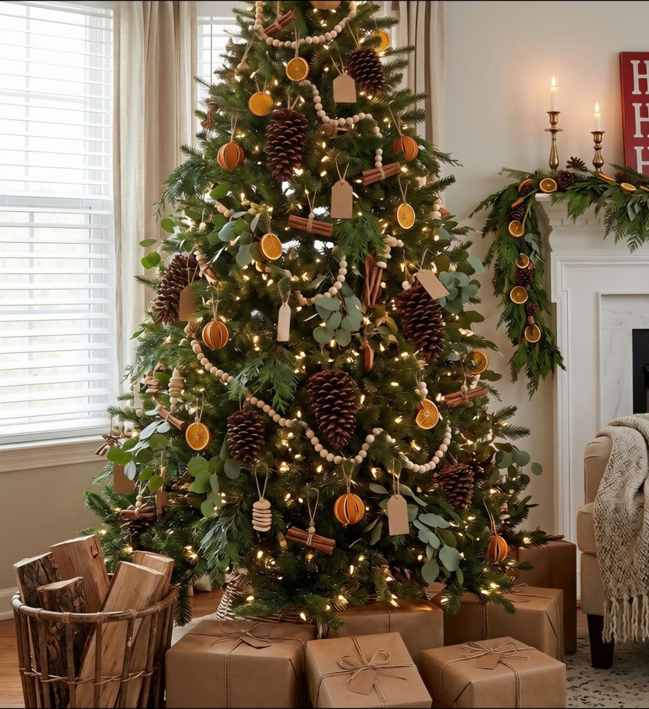 A tall, lush Christmas tree styled with a botanical theme, featuring ornaments made of large pinecones, dried orange slices, cinnamon sticks, wooden beads, and eucalyptus sprigs, all illuminated by warm fairy lights with brown paper-wrapped gifts and a basket of firewood placed at its base