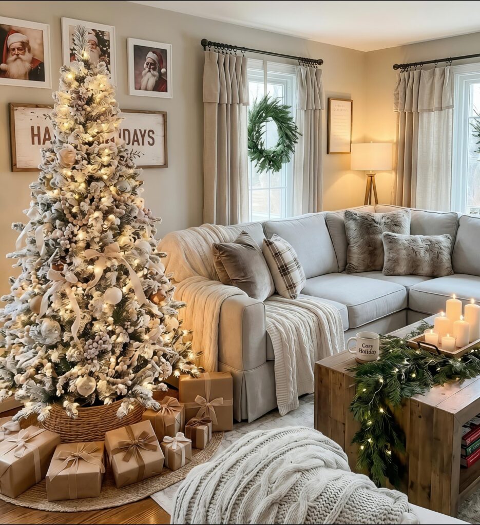 A bright, cozy living room featuring a flocked Christmas tree decorated with soft cream ornaments and ribbons, a neutral-toned sectional sofa with plush pillows, and a wooden coffee table styled with a pine garland and candles.