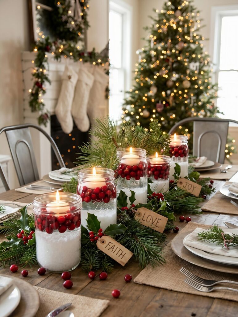 A dining table set for the holidays with a centerpiece made of glass mason jars filled with faux snow, fresh cranberries, and lit tea-light candles, accented with pine sprigs and personalized wooden "Faith," "Love," and "Joy" name tags.