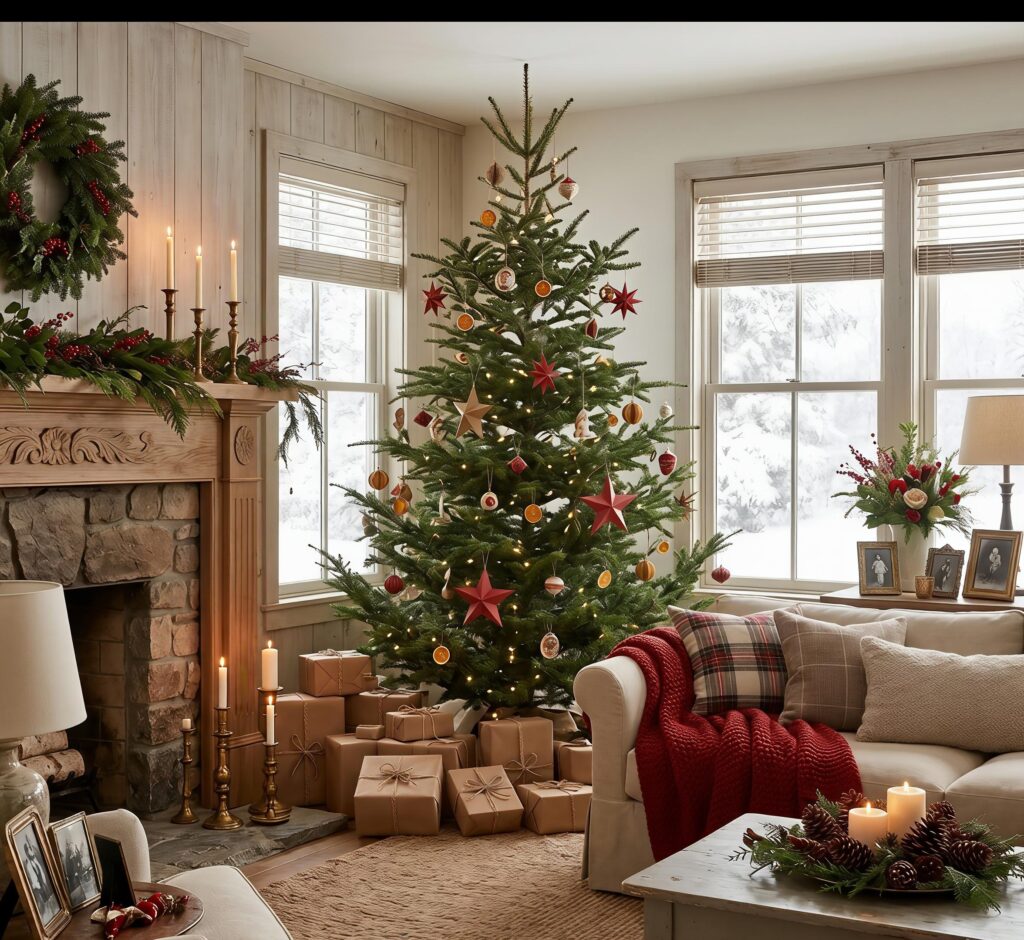 A cozy living room scene with a large, rustic Christmas tree decorated with star ornaments and dried orange slices, surrounded by wrapped brown paper gifts, set next to a stone fireplace and a comfortable sofa with a red knit throw.