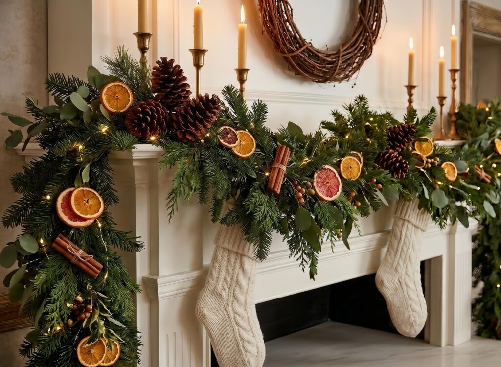 A close-up of a festive Christmas garland draped over a white fireplace mantel, decorated with pine branches, pinecones, dried orange slices, cinnamon sticks, and warm fairy lights, with cream-colored knit stockings hanging below.