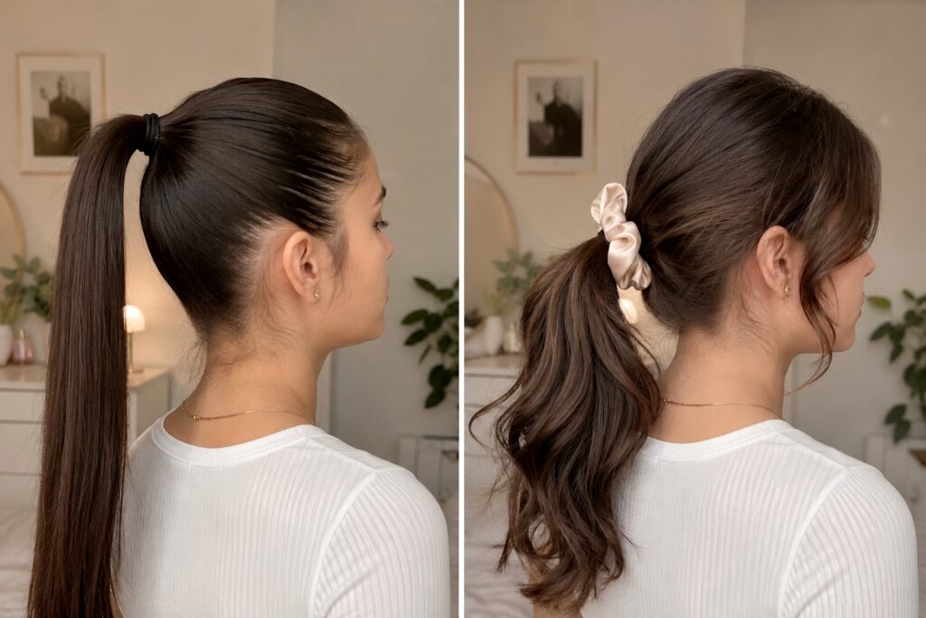 A split-screen comparison of a woman's profile, showing a very tight, sleek ponytail on the left, and a loose, gentle ponytail secured with a silk scrunchie on the right.