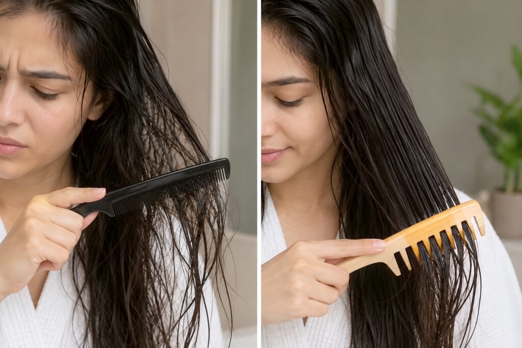 A split-screen comparison of a woman detangling wet hair, showing her struggling with a fine-toothed plastic comb on the left, and gently detangling with a wooden wide-tooth comb on the right.