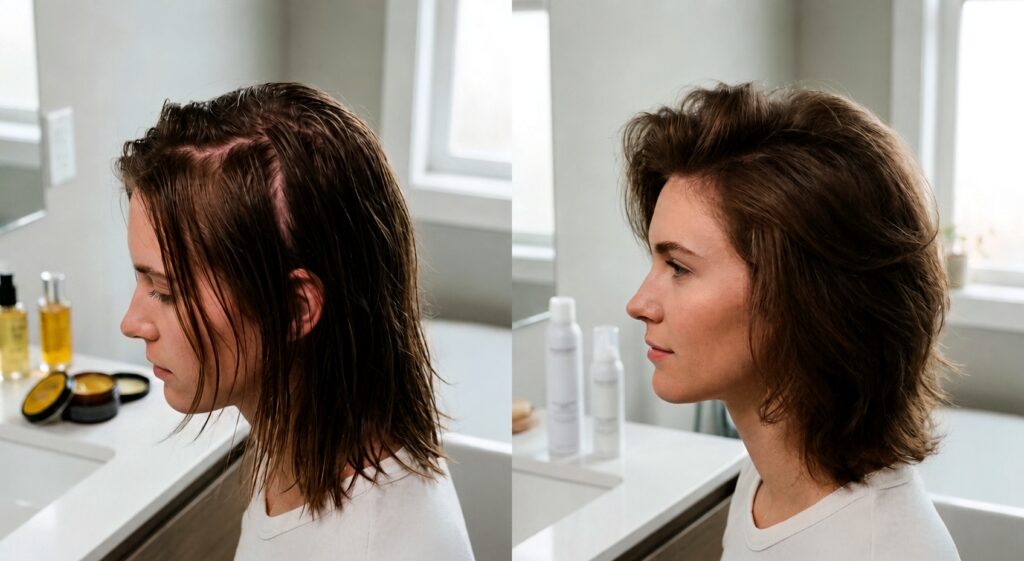 A split-screen comparison showing a woman with flat, wet, and lackluster hair on the left, and the same woman with healthy, styled, and voluminous hair on the right.
