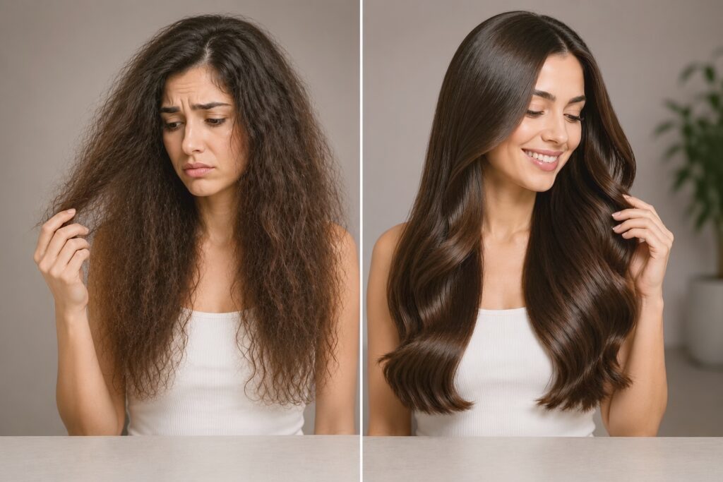 split-screen comparison showing a woman with dry, frizzy, and damaged hair on the left, and the same woman with smooth, healthy, and shiny hair on the right.