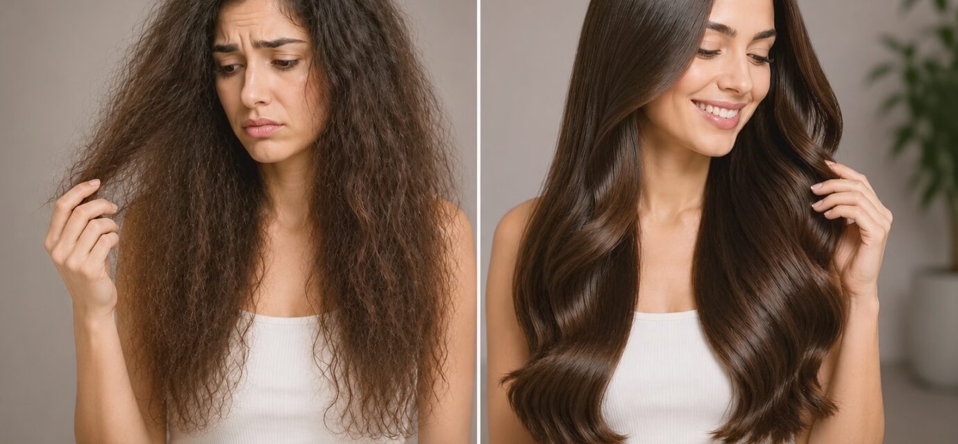 split-screen comparison showing a woman with dry, frizzy, and damaged hair on the left, and the same woman with smooth, healthy, and shiny hair on the right.