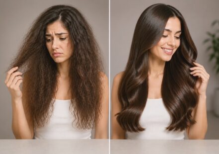 split-screen comparison showing a woman with dry, frizzy, and damaged hair on the left, and the same woman with smooth, healthy, and shiny hair on the right.