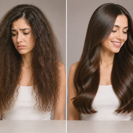 split-screen comparison showing a woman with dry, frizzy, and damaged hair on the left, and the same woman with smooth, healthy, and shiny hair on the right.