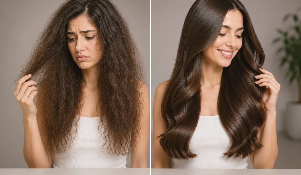 split-screen comparison showing a woman with dry, frizzy, and damaged hair on the left, and the same woman with smooth, healthy, and shiny hair on the right.