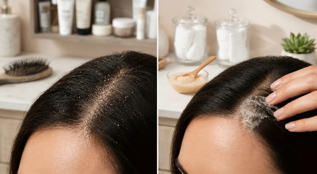 A split-screen close-up comparison of a person's scalp, showing dry, flaky scalp buildup on the left, and the same scalp being massaged with a gentle scrub on the right.
