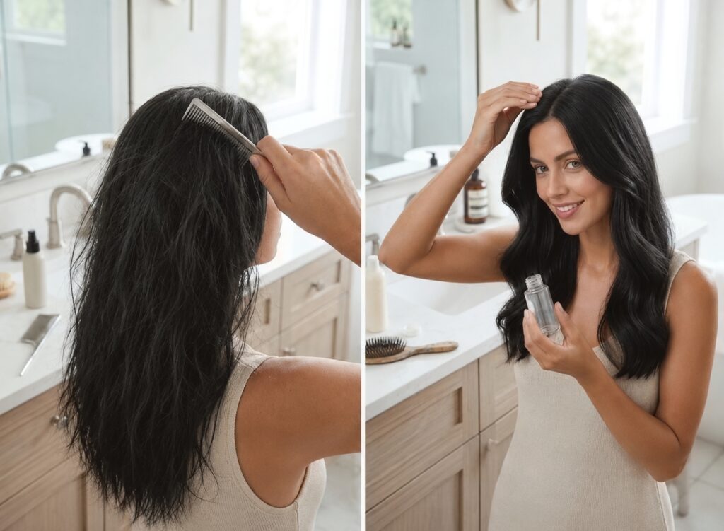 A split-screen comparison of a woman brushing her dark hair, showing her using a fine-toothed comb on wet, tangled hair on the left, and using a gentle tool to style clean, smooth hair on the right.
