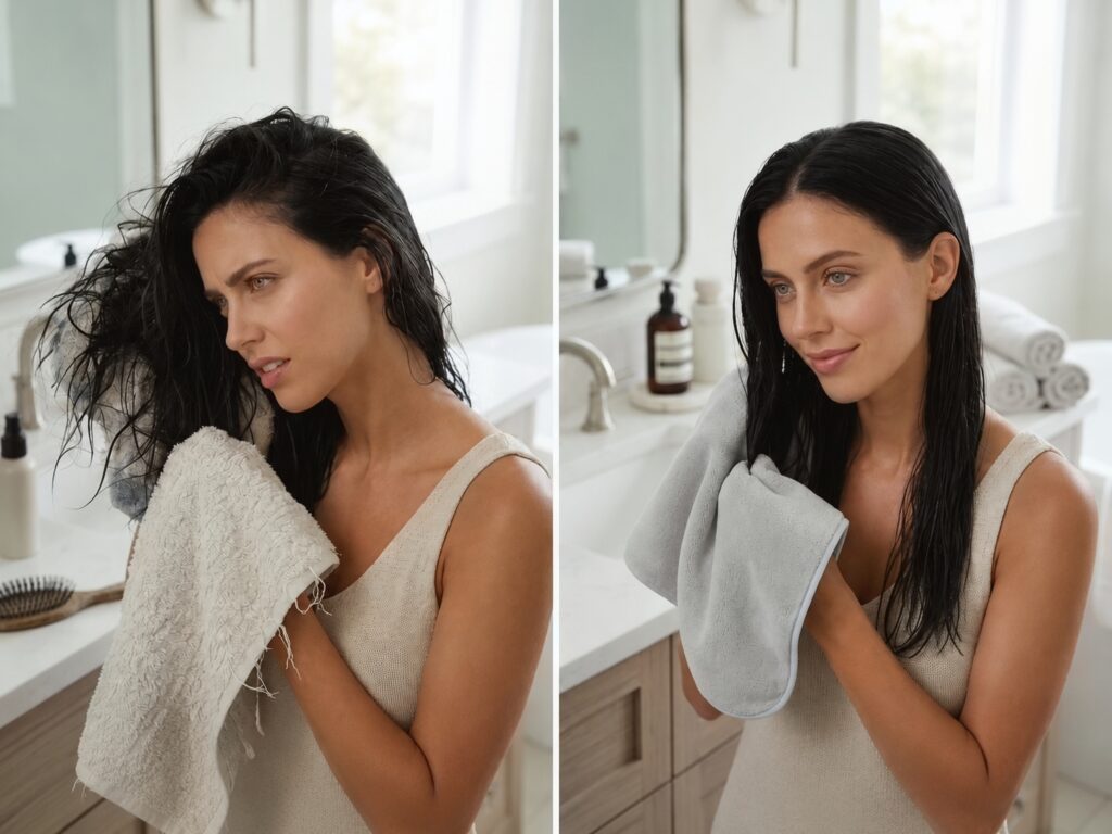 A split-screen comparison showing a woman vigorously rubbing her wet hair with a rough towel that can damage her hair's volume on the left, and the same woman gently squeezing her hair with a soft microfiber towel to protect her hair's volume on the right.