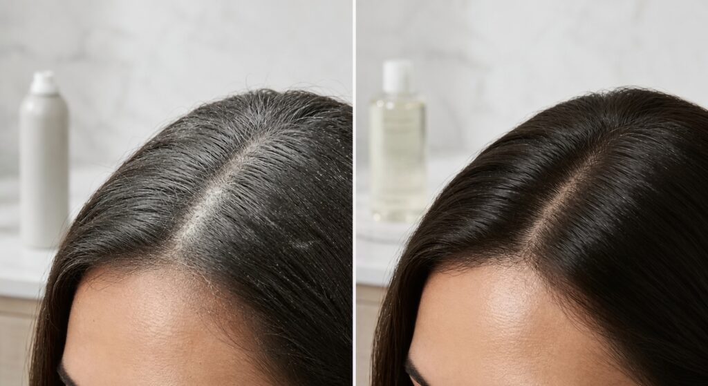A split-screen comparison of a scalp, showing dry, flaky scalp buildup on the left, and a clean, clarified scalp on the right