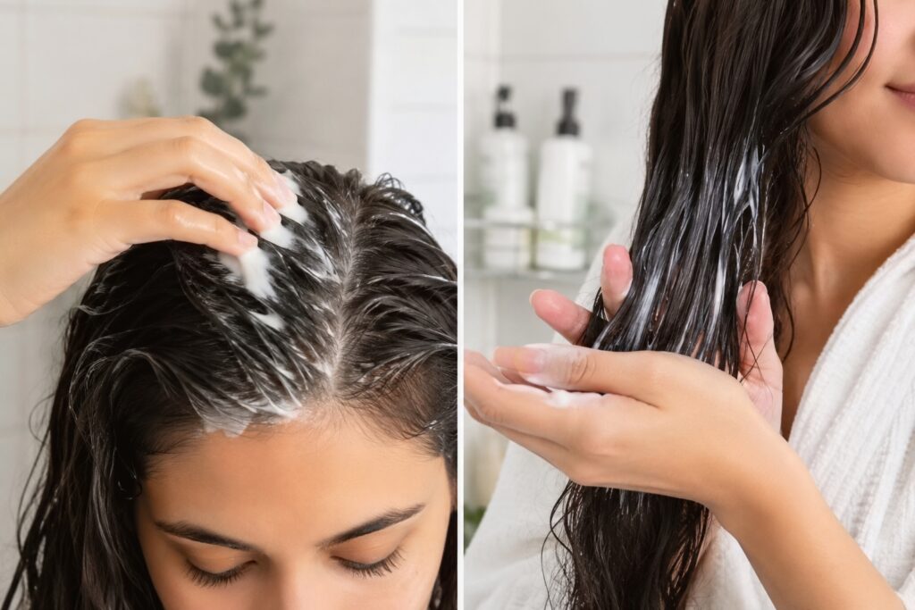 A split-screen comparison showing a person applying a creamy treatment directly to their scalp on the left, and a person applying a conditioning treatment to the lengths of their wet hair on the right