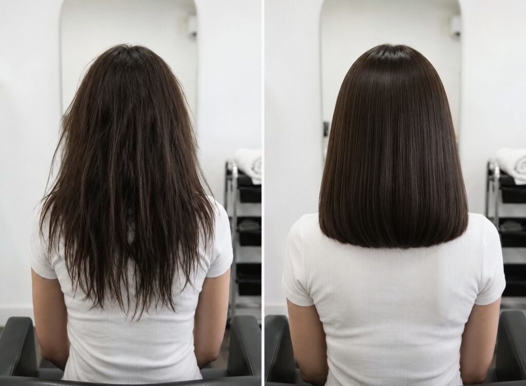 A split-screen comparison showing damaged, wispy hair ends that negatively impact hair's volume on the left, and the same hair looking thick, healthy, and blunt after a fresh trim to restore hair's volume on the right.