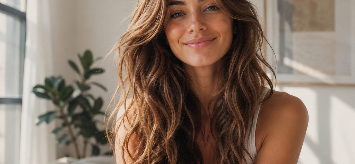 A radiant woman with long, wavy, golden-brown hair that shows exceptional health and significant hair volume.