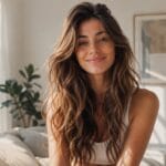 A radiant woman with long, wavy, golden-brown hair that shows exceptional health and significant hair volume.