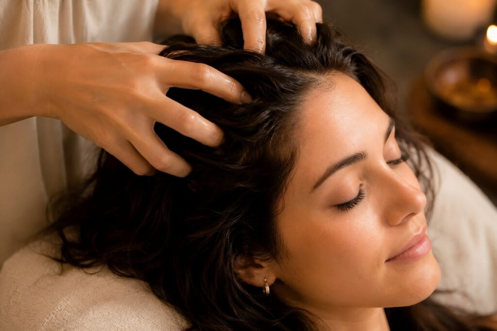 A close-up of a person receiving a relaxing scalp massage with fingertips in a gentle circular motion, a key technique to stimulate blood flow and improve hair volume.