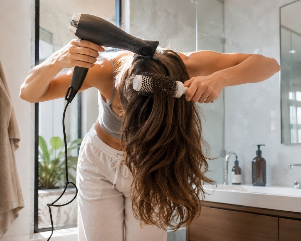 A woman in a bright bathroom with her head flipped upside down, blow-drying her damp hair to lift the roots and increase overall hair volume.