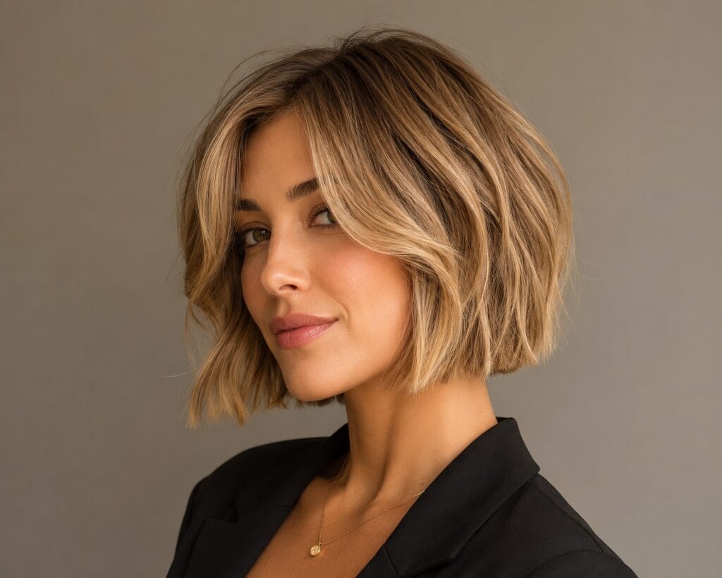 A professional portrait of a confident woman with a stylish, textured bob haircut designed to promote maximum movement and hair volume.