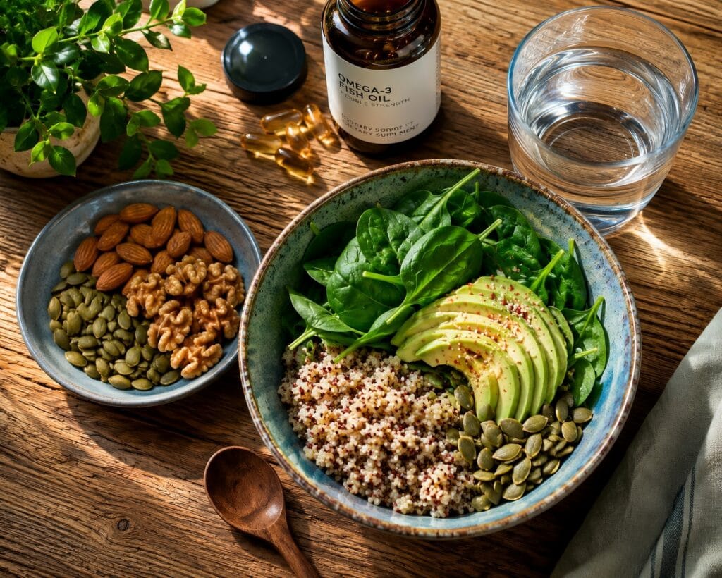An overhead flat lay shot of a healthy meal featuring a bowl with spinach, nuts, seeds, and avocado, which are foods known to support hair volume and density.