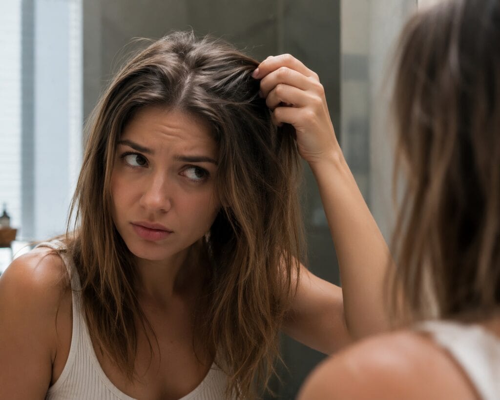 A woman examining her limp, flat, and visibly dull hair in a mirror, illustrating the negative effects of overwashing, which can strip natural oils and reduce hair volume.