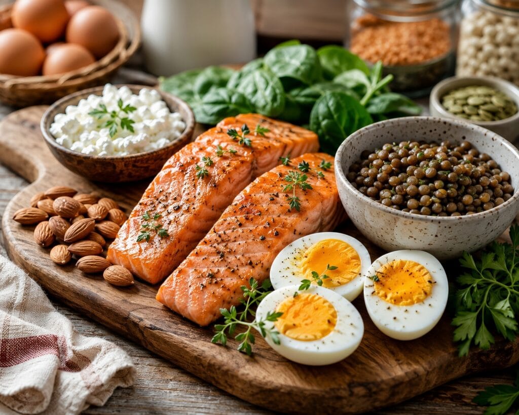 A rustic wooden table covered in protein-packed foods like salmon, eggs, and lentils, essential nutrients for building strong hair and maintaining hair volume.