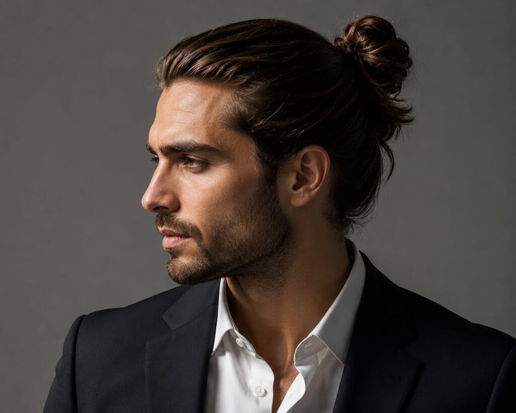 Man with a sleek man bun hairstyle posing in a formal black suit jacket