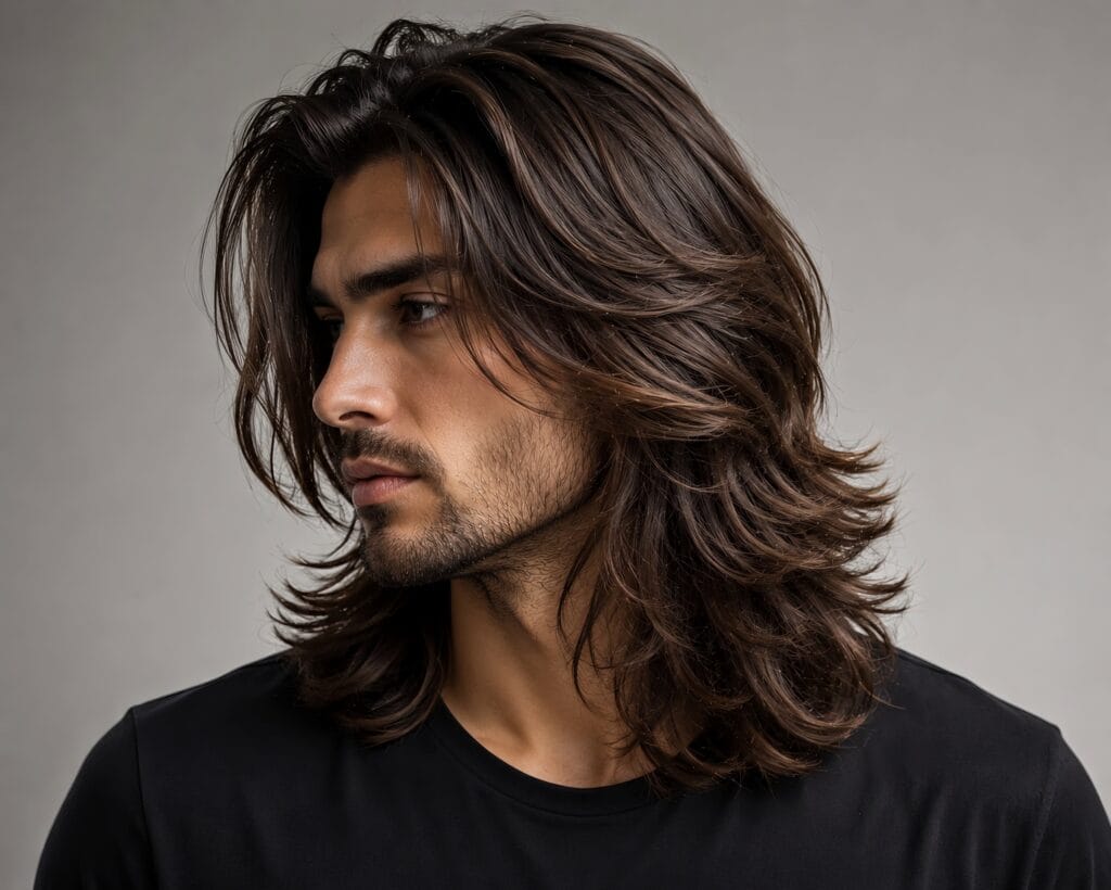 Text: Profile portrait of a man with shoulder length dark brown hair wearing a simple black cotton t-shirt
