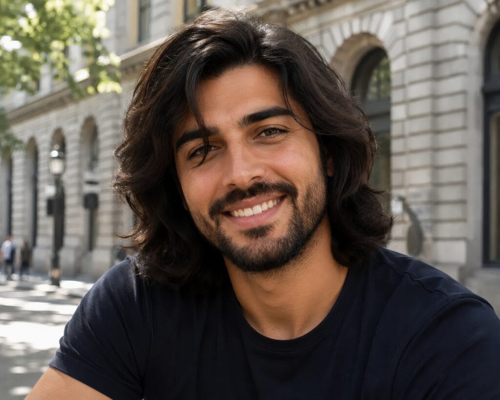 Smiling young man displaying a layered medium length haircut while sitting on a sunny city street