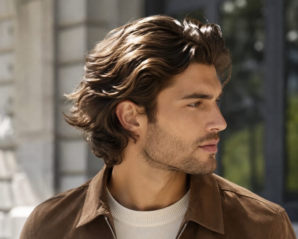 Close-up of a man with voluminous mid length wavy hair styled with a classic brown suede jacket