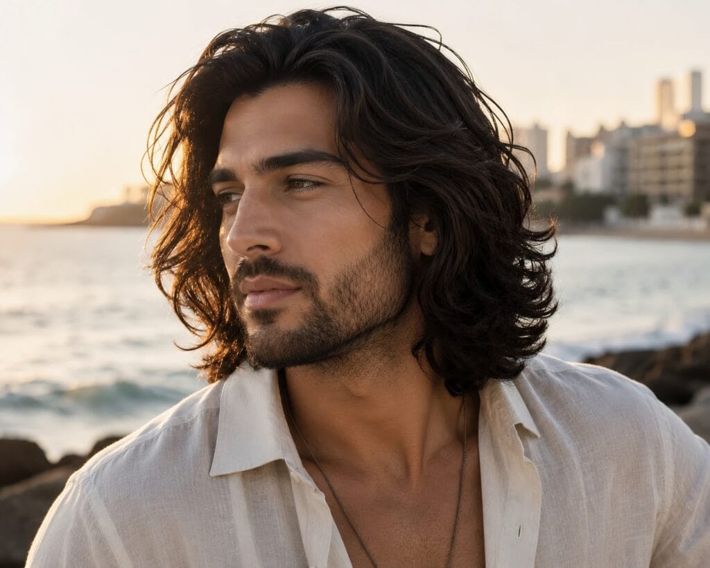 Close-up of a man showing off textured long hair on a beach during a golden hour sunset