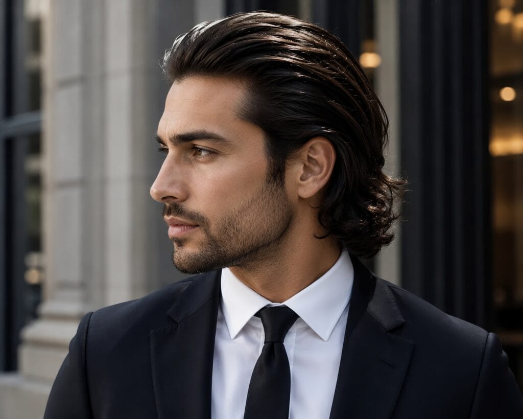Sharp profile of a man with a slicked back medium hairstyle dressed in a professional suit and tie