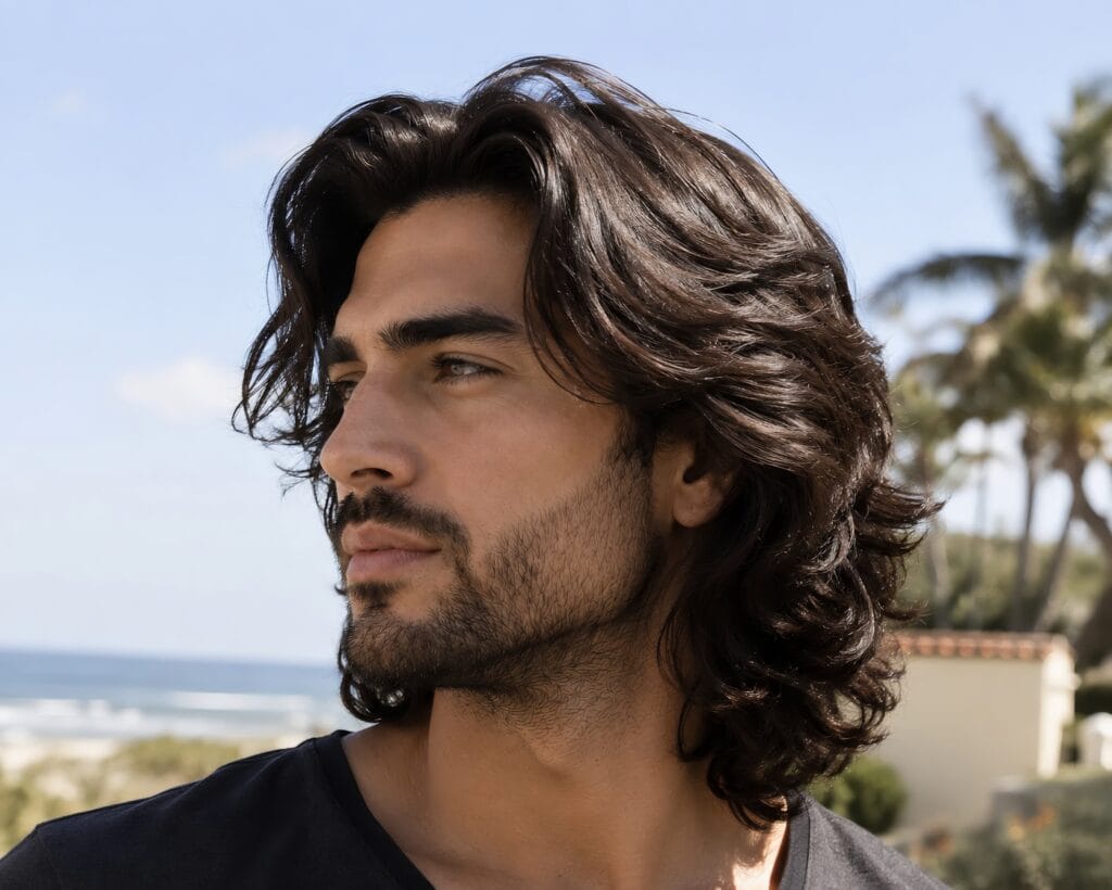 Side view of a man with medium long wavy hair in a casual outdoor tropical setting