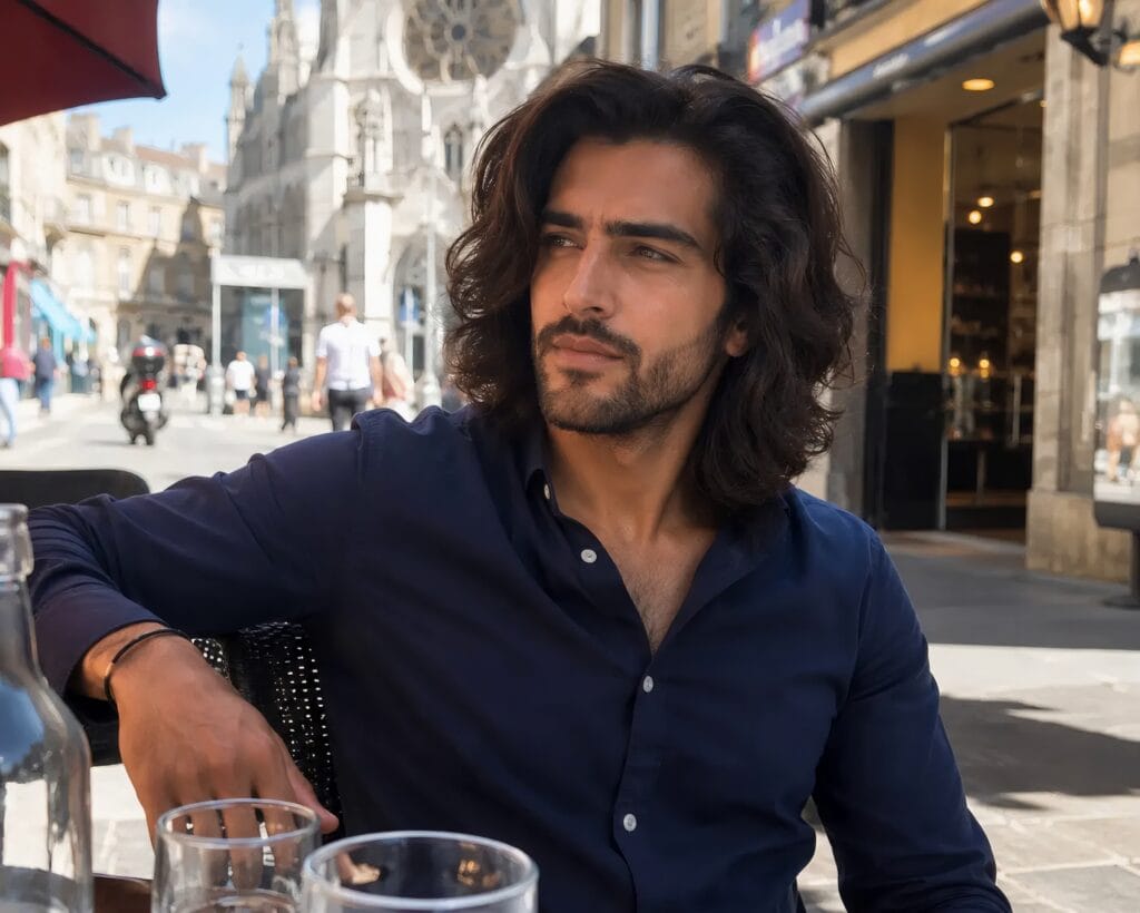 Man with a relaxed, messy long hairstyle sitting at an outdoor European cafe wearing a navy blue shirt.( gents long hair style)