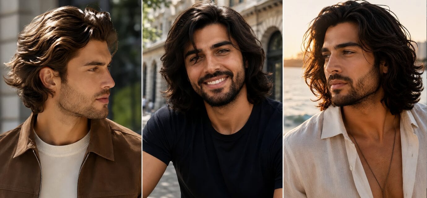 Vertical triptych collage demonstrating different men's long hairstyles for a modern lifestyle fashion blog