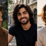 Vertical triptych collage demonstrating different men's long hairstyles for a modern lifestyle fashion blog