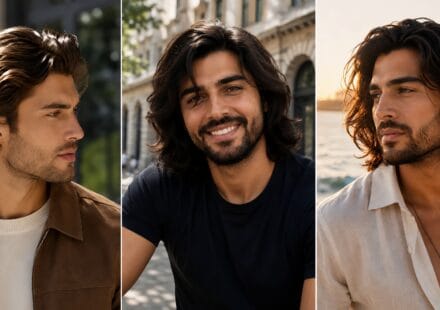 Vertical triptych collage demonstrating different men's long hairstyles for a modern lifestyle fashion blog