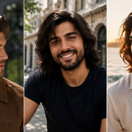 Vertical triptych collage demonstrating different men's long hairstyles for a modern lifestyle fashion blog