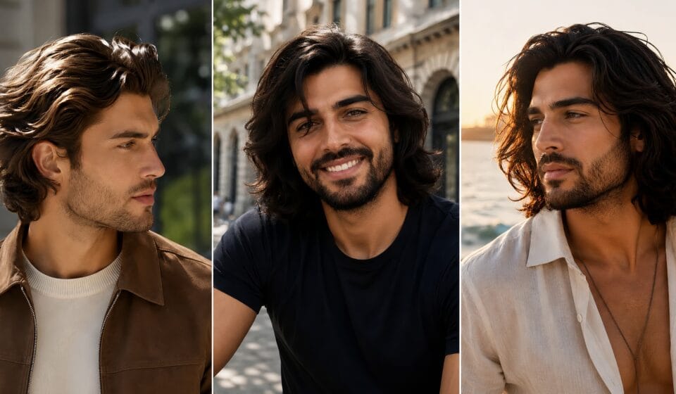 Vertical triptych collage demonstrating different men's long hairstyles for a modern lifestyle fashion blog
