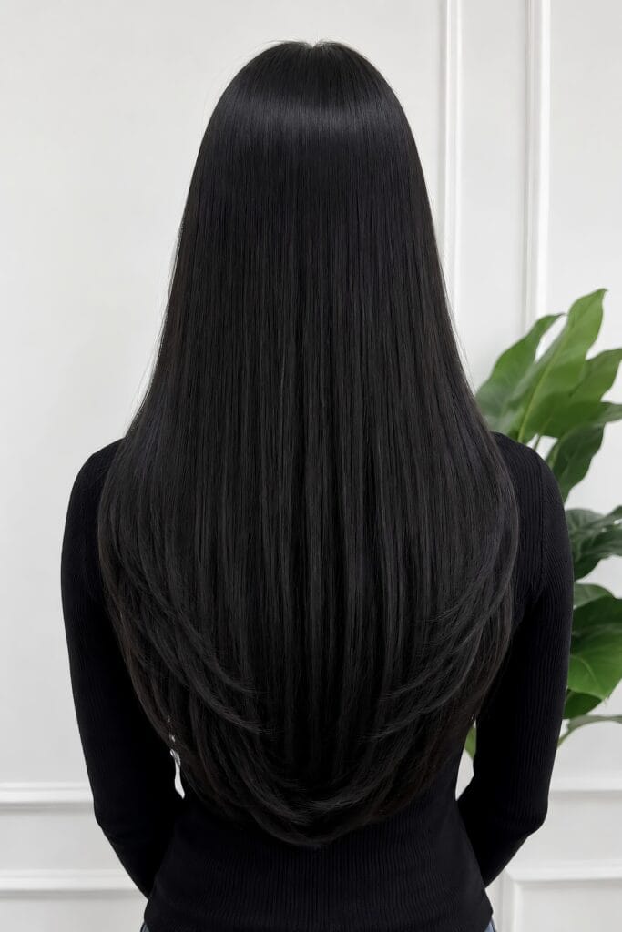 Back view of long, straight, jet-black hair cut into a precise V-shape with smooth layers, set against a white wall with a green plant.