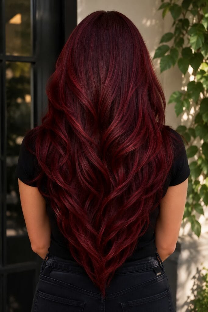 A LADY WITH LONG LAYERED HAIR. Back view of vibrant, deep red long hair styled in dramatic V-cut layers with soft waves, against a dark doorway and green foliage.