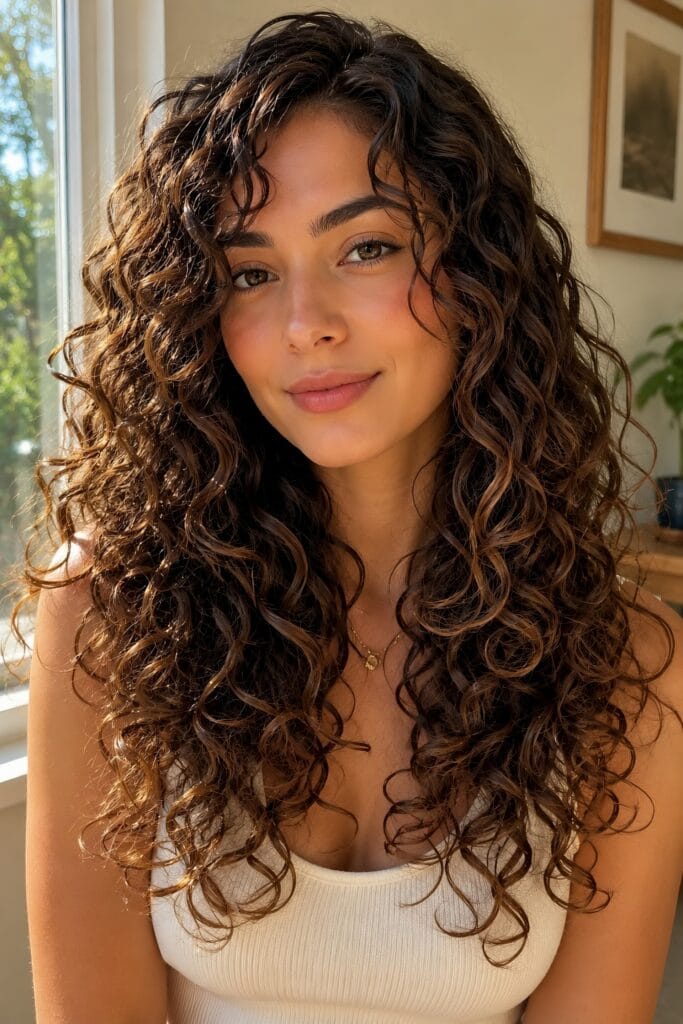 Portrait of a smiling woman with long, curly, dark brown hair styled with expertly placed layers to add shape and definition, near a sunny window.