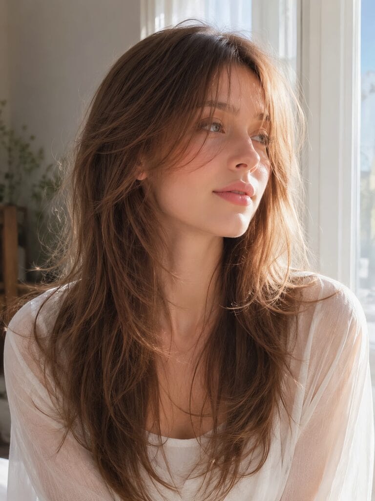 Profile view of a woman with long, layered brown hair and soft curtain bangs, standing near a bright window in a white top.