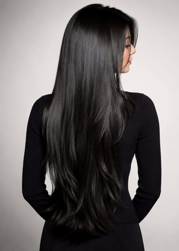 Back view of a woman with long, straight, jet-black hair featuring classic long layers and a healthy shine, wearing a black top against a neutral background.
