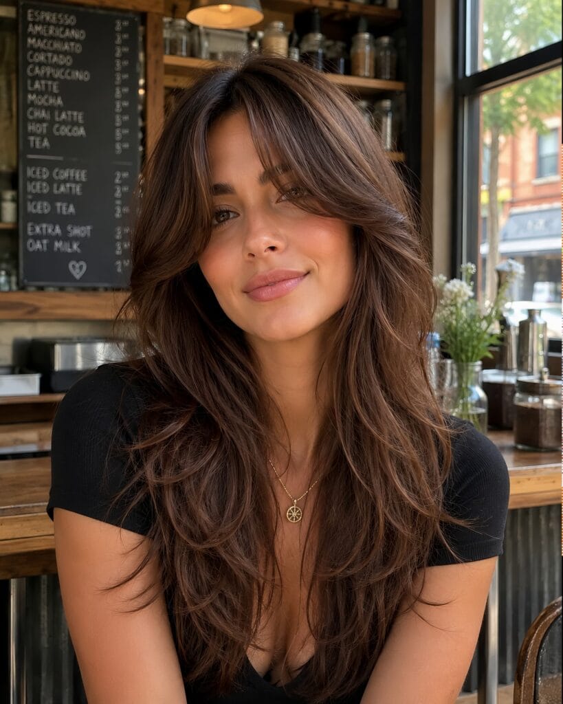 Portrait of a smiling woman with long, curly, dark brown hair styled with expertly placed layers, sitting in a cozy cafe with a menu board in the background.