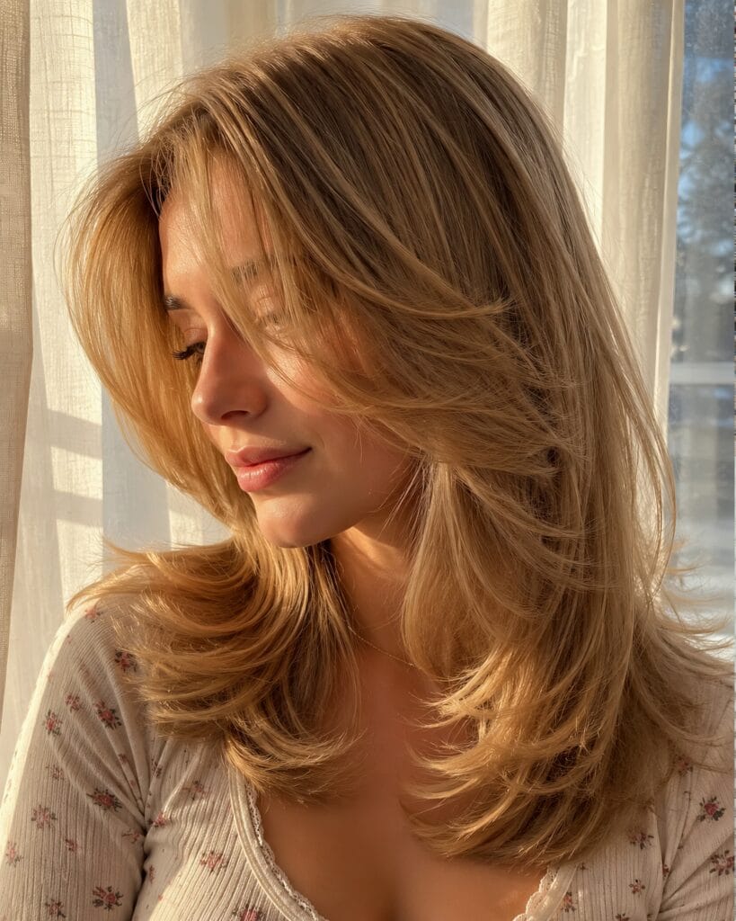 Close-up portrait of a blonde woman with textured, choppy long layers and fringe bangs, wearing a floral top near a white curtain.