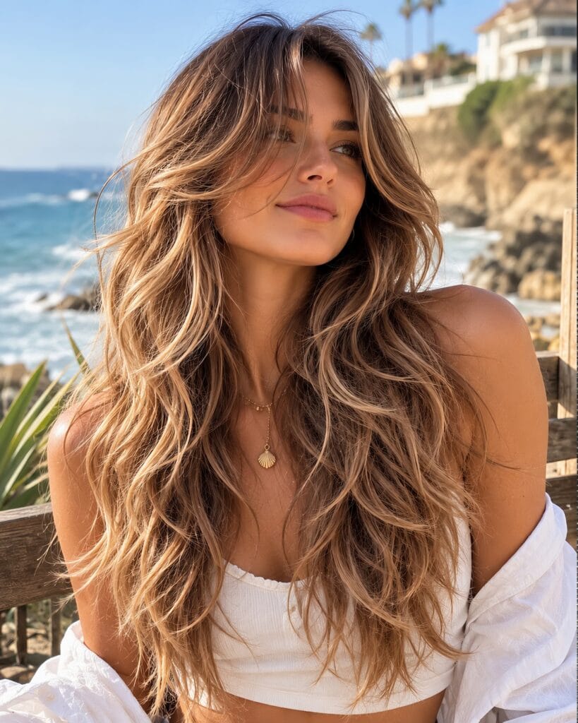 Side profile of a woman with long, sun-kissed blonde and brown hair styled in soft, cascading layers, wearing a shell necklace and a white top by the ocean.