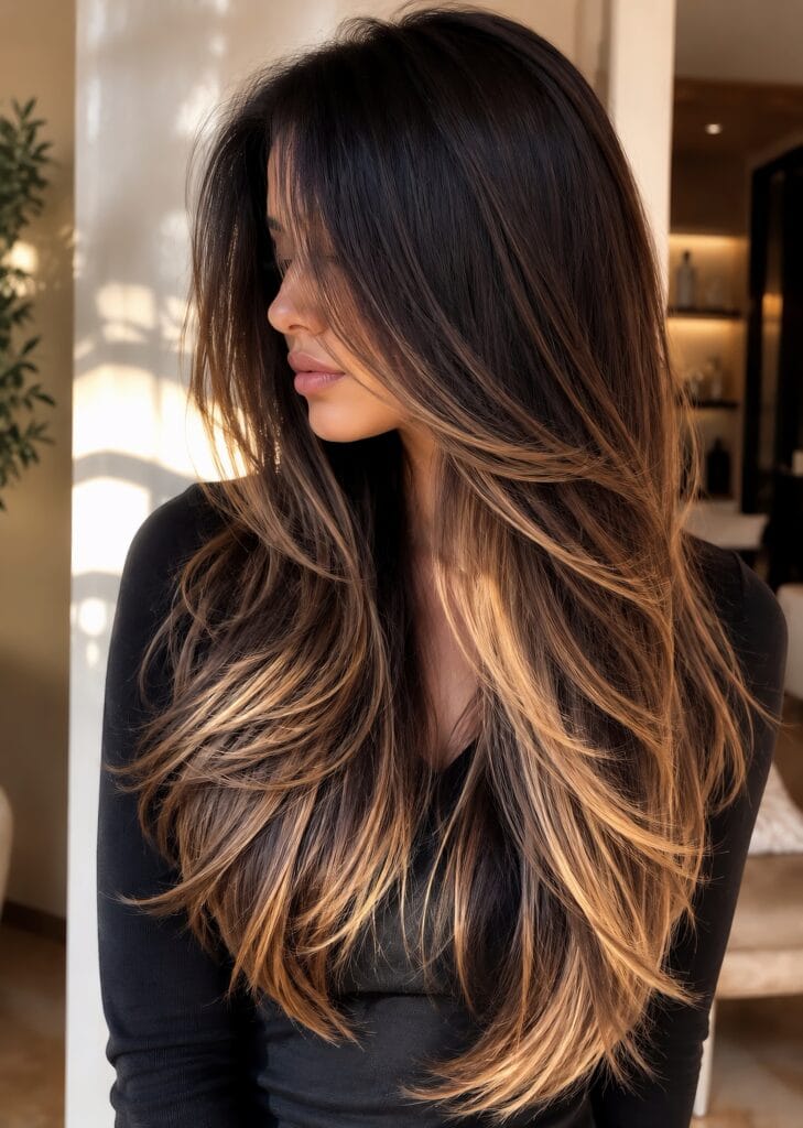 Side profile of a woman with long, dark hair featuring warm honey-blonde highlights and voluminous layers, wearing a black top.