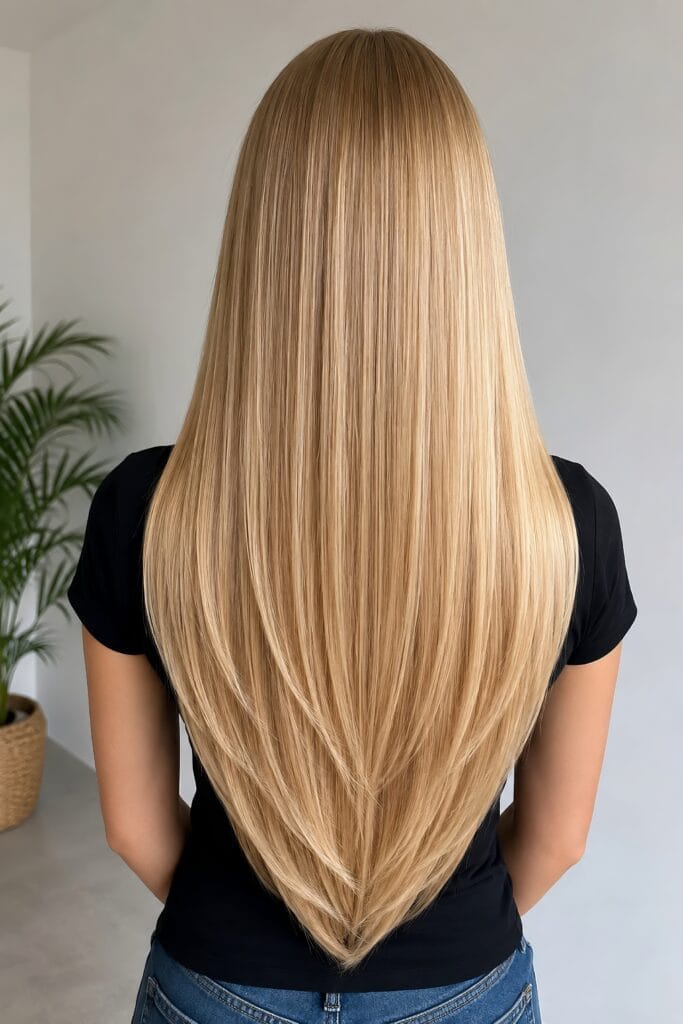Back view of long, straight, golden-blonde hair cut into a precise V-shape with smooth layers, against a white wall with a potted plant.